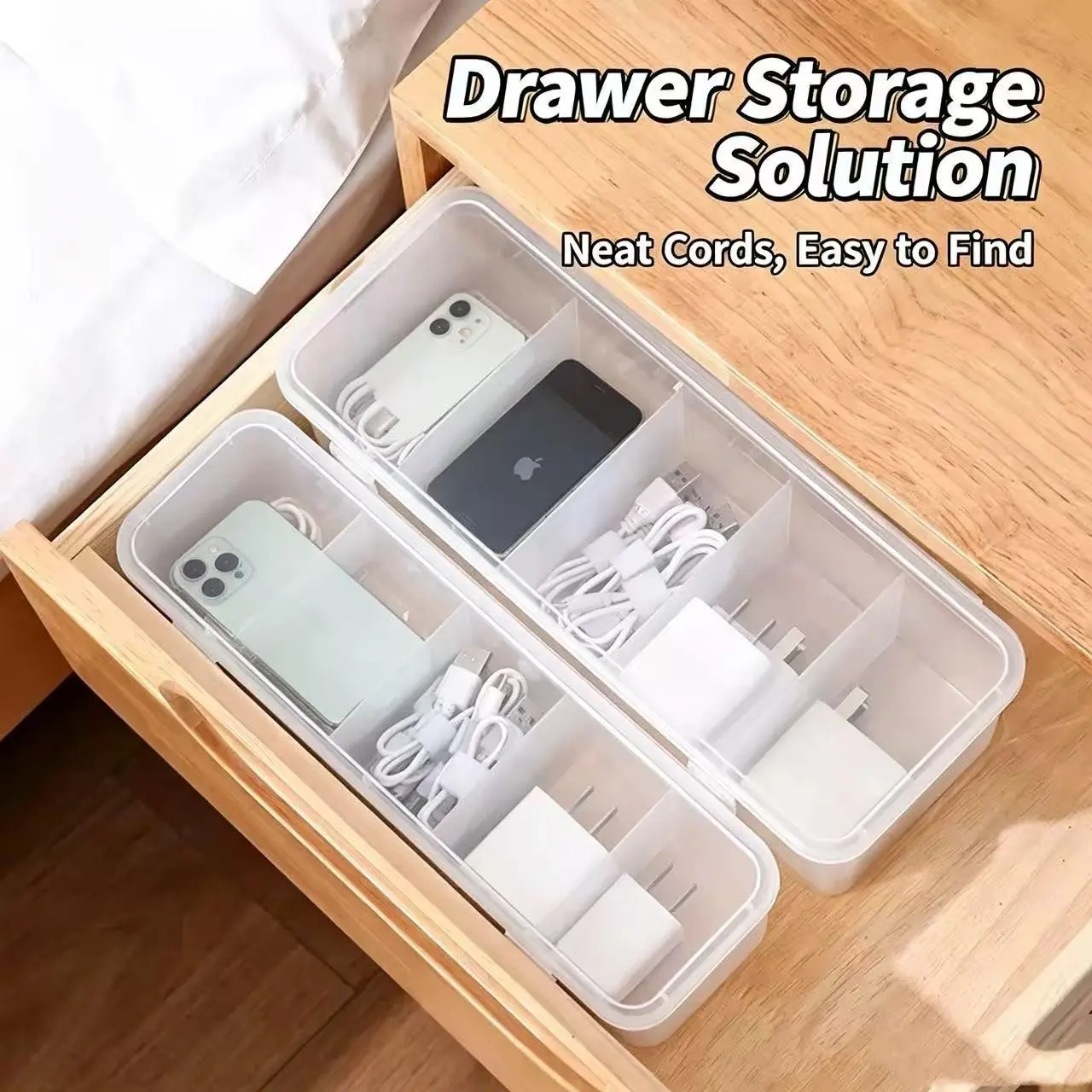 2-Pack Large Data Cable Organizer Box, Desktop Lid Dust-Proof Phone Charger Earphone Drawer Divider, Storage Tray for Organization