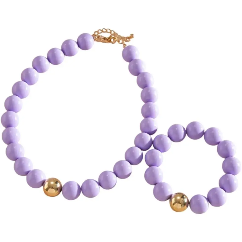 2 count Colorful  Round Beaded Choker Necklace Bracelets Set  Adjustable  Candy Color Beads Statement Necklaces for Women Boho Costume Party Summer   Gifts