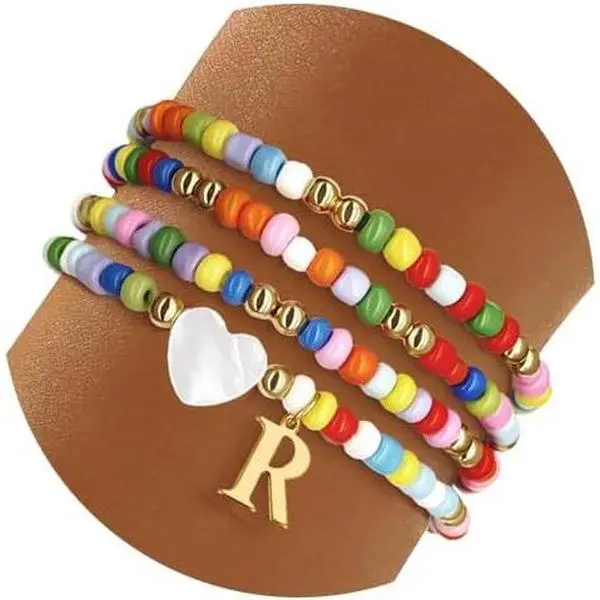 4 count Colorful Initial Bracelets for Women Cute Beaded Heart Bohemian Initial A-Z Letter Bracelet Personalized Stackable Bracelets