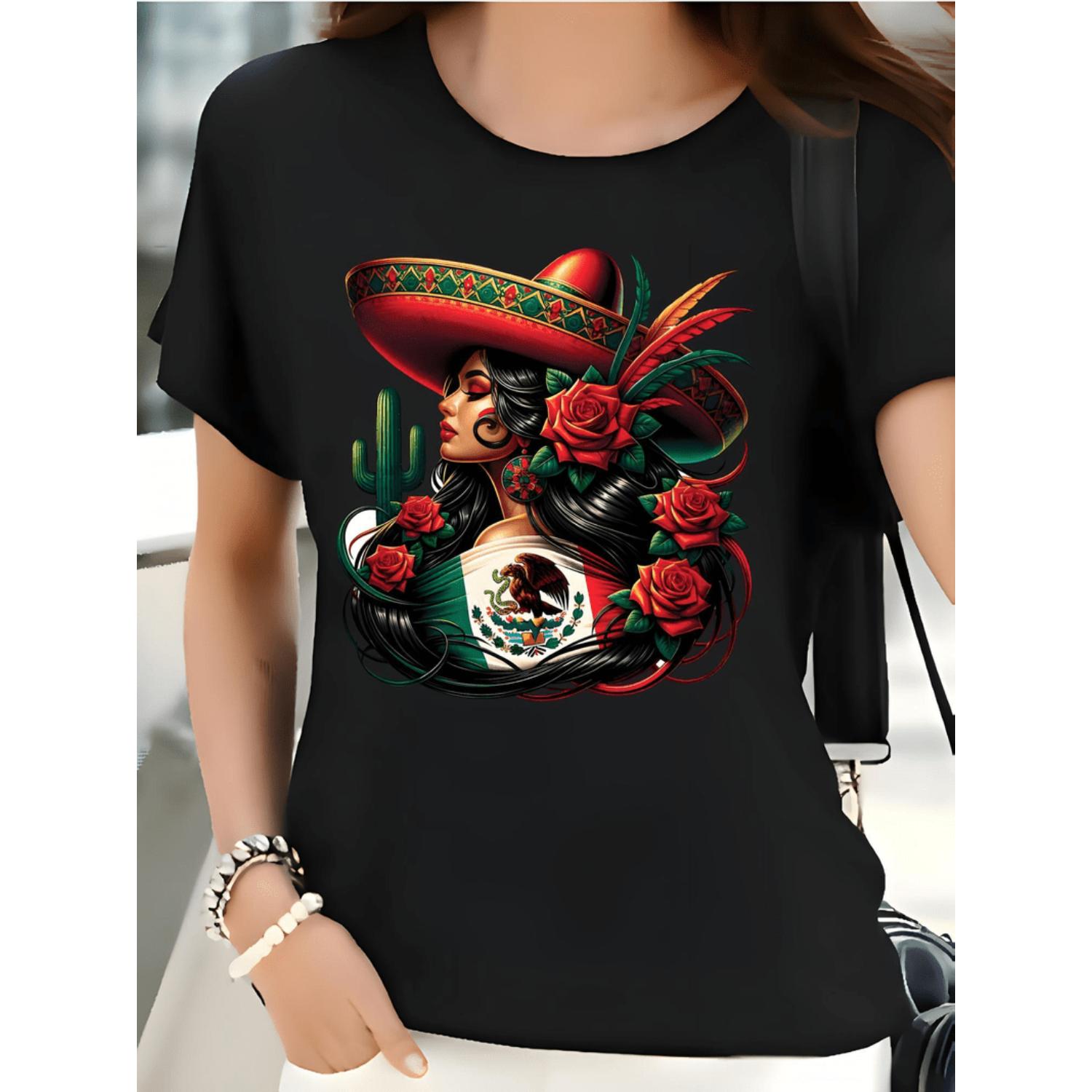 Vibrant Latino Floral Print T Shirt With Sombreros For Women Casual Round Neck Top Perfect For Easter And Mothers Day Festive Seasonal Fashion Vibrant Latino Floral Print T Shirt With Sombreros For Women Casual Round Neck Top Perfect For Easter And Mothers Day Festive Seasonal Fashion