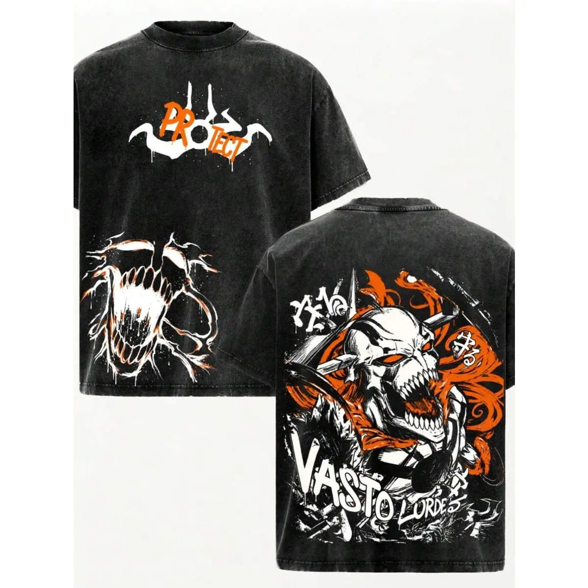 Retro Grunge Washed Crew Neck T shirt Bleach Vasto Lorde Hollow Form Double Side Print Unisex Oversized Short Sleeve Casual Top For Adult Anime Enthusiast Vacation Street Fashion