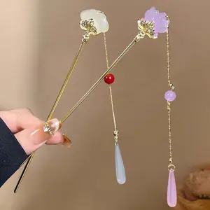 Elegant Chinese Style Flower Tassel Hair Stick for Women Girls Spring Waterdrop Beaded Element Hairpins Luxury Hair Stick ﻿