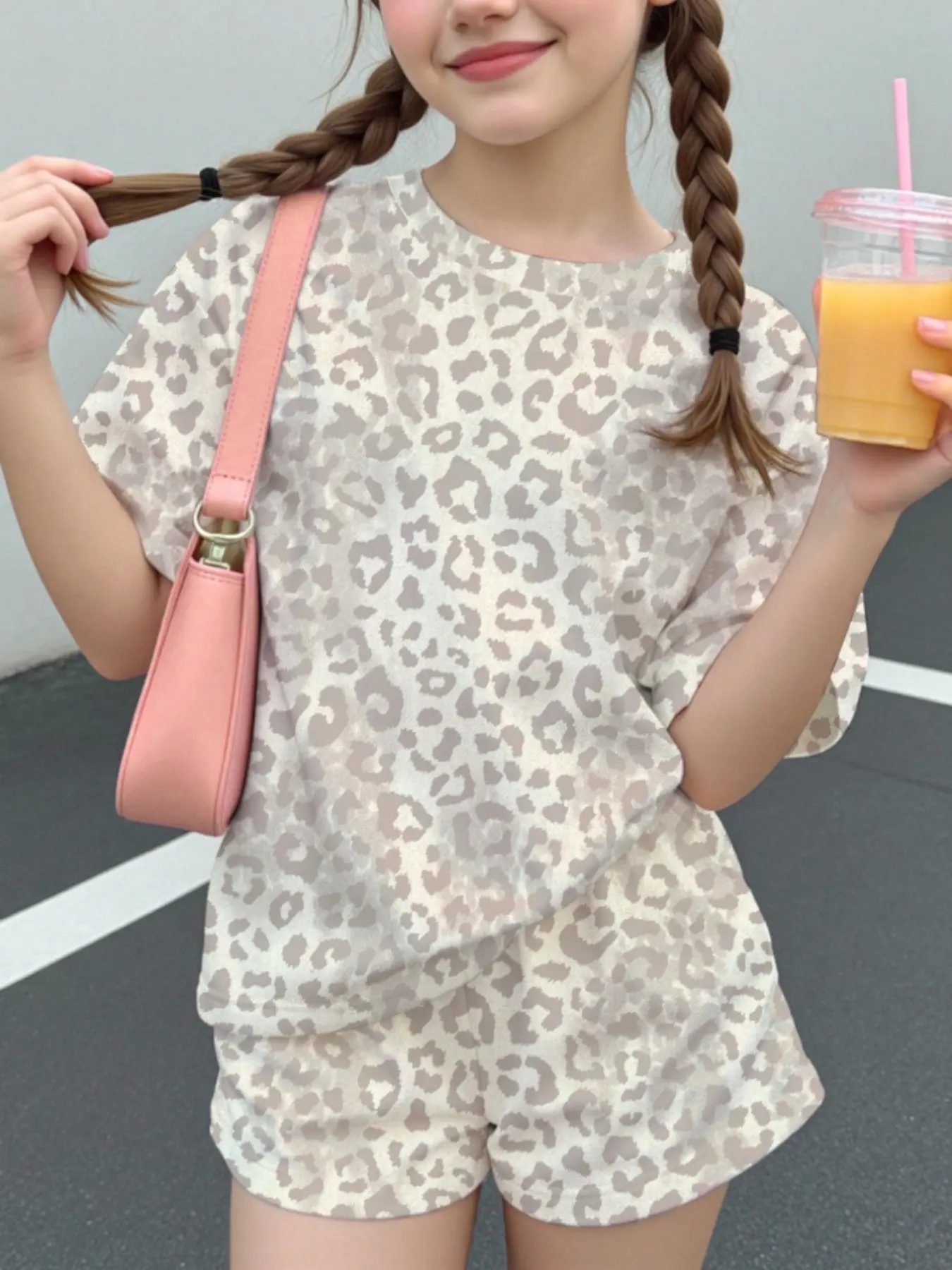Teen Girl Casual Retro Leopard Print Two-Piece Set, Cool American Style Short Sleeve Shorts, Summer Streetwear, Summer Outfits Set, Vintage Look
