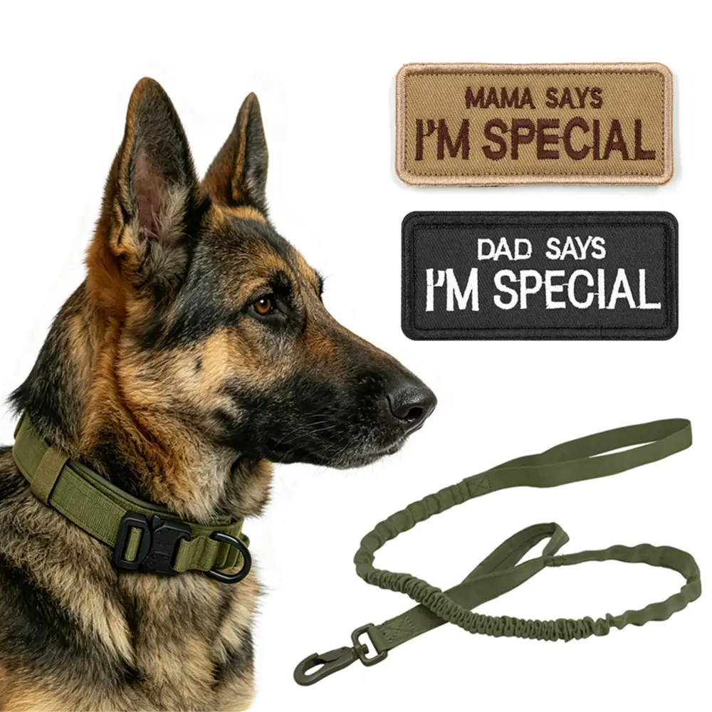 Tactical Dog Collar Set (includes 1 collar, 1 leash, and 2 Velcro patches )  for German Shepherds, Golden Retrievers, and Belgian Malinois  training and walking