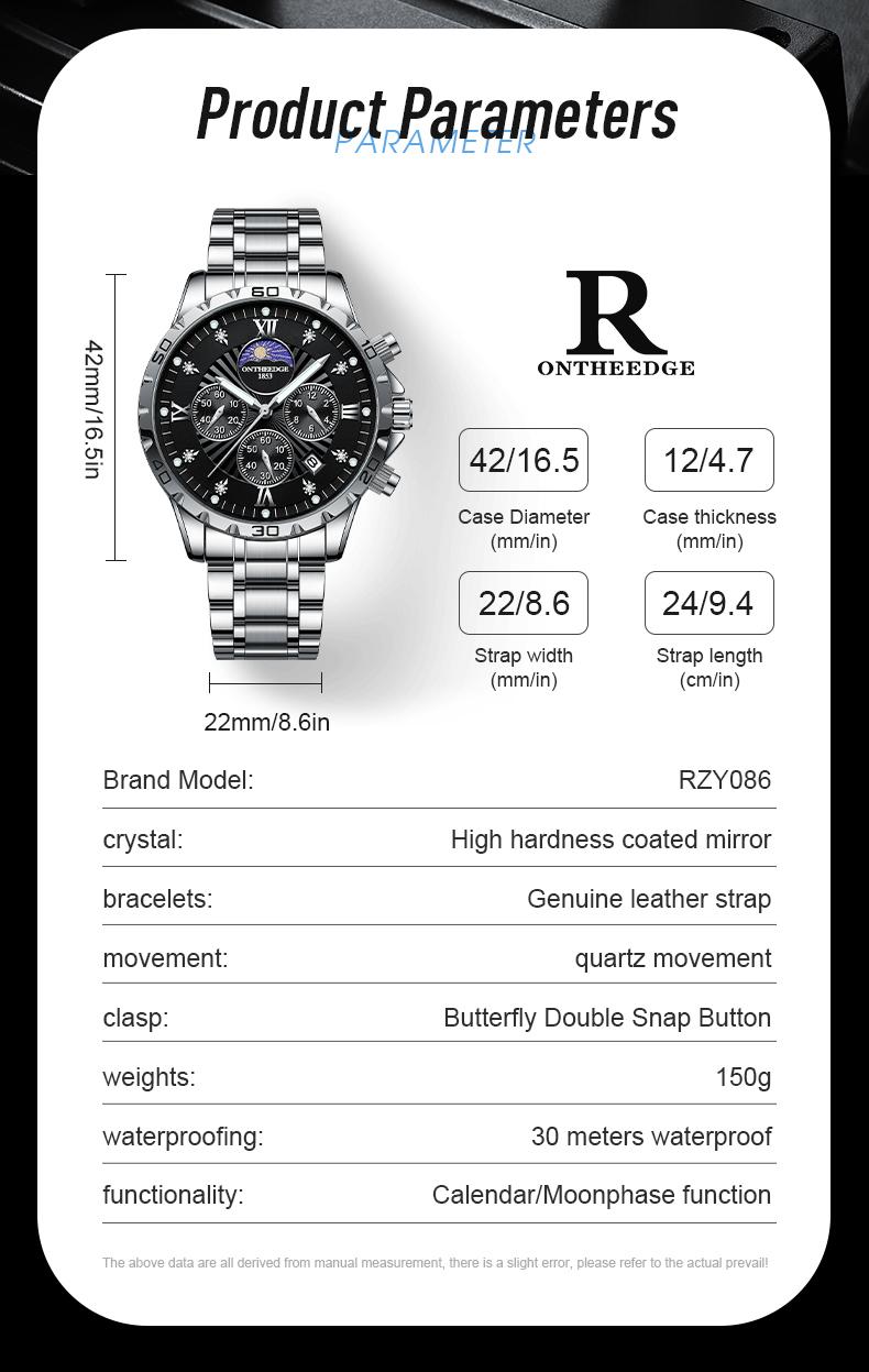 Men's Luxury Moon Phase Quartz Watch - Stainless Steel Wristwatch with Date, Chronograph Subdials, Diamond Markers, Luminous Hands, Classic Business Dress Watch for Men, Perfect Gift for Husband Dad