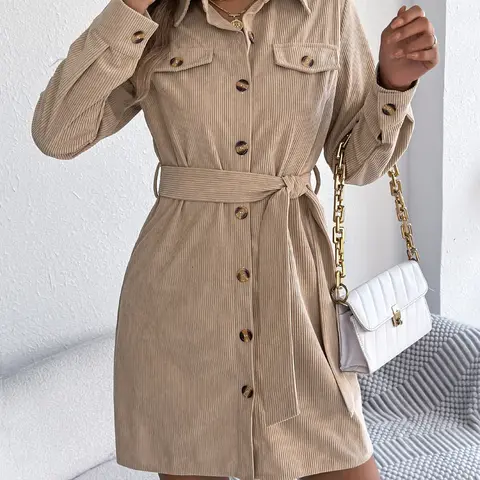 Women's Solid Color Corduroy Collared Button Up Dress, Casual Long Sleeve Belted Dress for Fall & Winter, Women's Clothing for Daily Wear