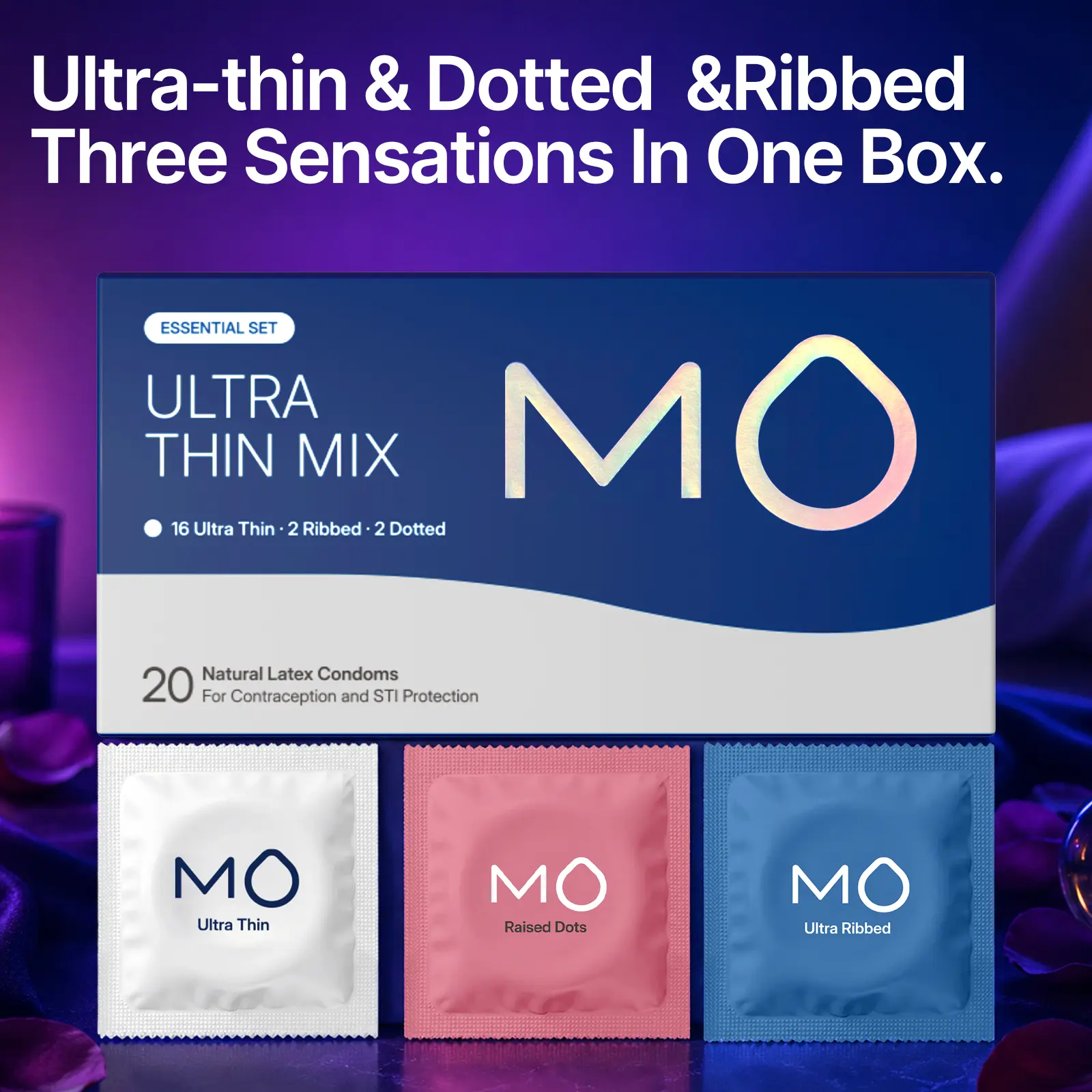 MO Trio Bundle Variety Pack Condoms for Men - Universal Regular Fit, 20 Pcs Natural Latex Condoms with 3 Triple Sensations Textured Mix (Ultra Thin, Ribbed Dot), pH Balanced, Everyday Use,Shopping Deals, Free 3 Day Shipping,SohoChic