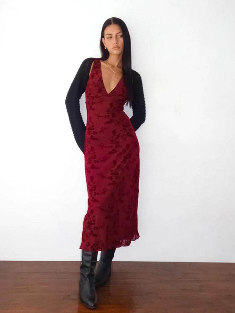 Women's Floral Print Deep V Neck A Line Dress, Elegant Sleeveless Plunge Neck Bodycon Long Dress, Ladies Summer Clothes for Party Holiday Wedding Guest, Summer Dresses