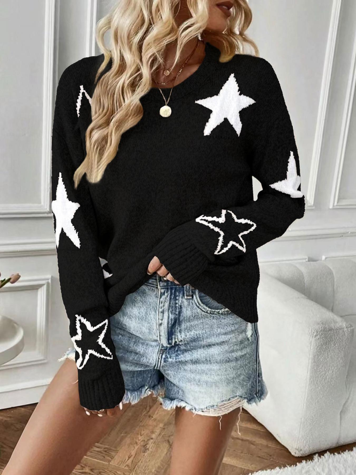 Women's Star Print Drop Shoulder Sweater, Casual Long Sleeve Round Neck Jumper for Fall & Winter, Fashion Ladies' Knitwear for Daily Wear, Tops