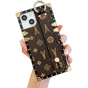 Compatible with iPhone 13/14 Case Rectangle,Protective Luxury Leather Case for Women Girls,with Wrist Strap Kickstand Holder Phone Cover for iPhone 14/13-6.1”(Brown)