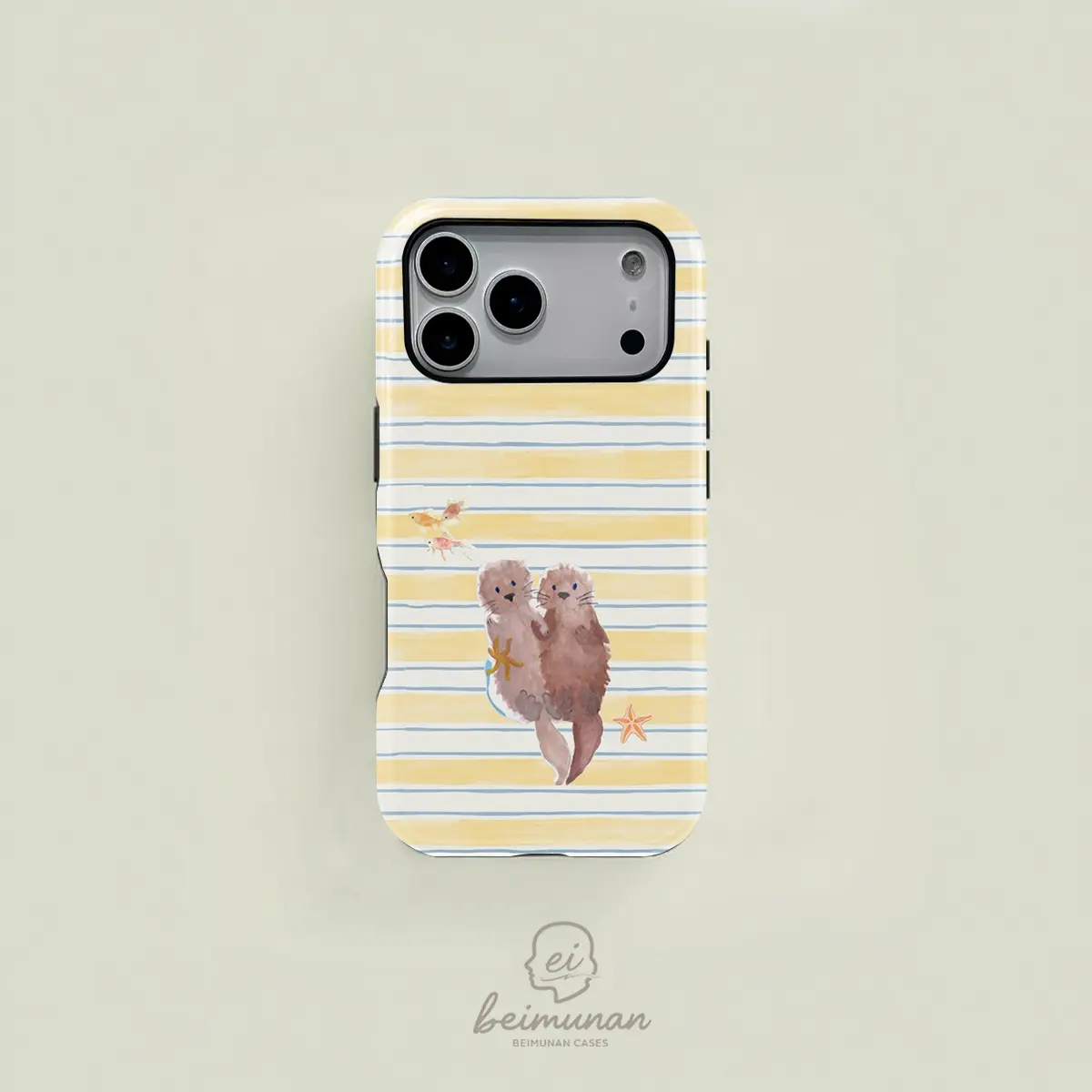 Animals & Art iPhone Case - Cute Yellow-White Striped Watercolor Classic, Hand-Painted Sea Otter & Starfish, 2-in-1 Durable MagSafe Protective Case for iPhone 17/16/15/14/13/12/11 Pro Max/Plus/Pro (Flowers-Infused Aesthetic Touch)