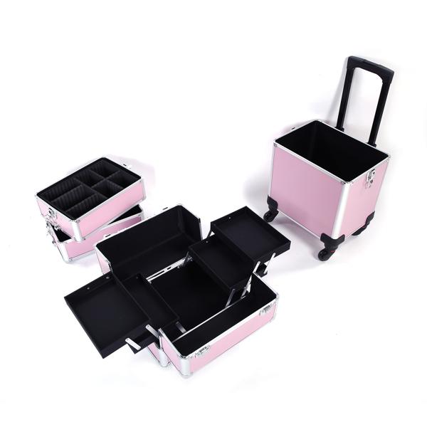 4 In 1 Aluminum Makeup Case Pink, Professional Cosmetic Storage Box for Makeup Tools Brushes and Accessories, Portable Beauty Organizer for Travel and Home Use