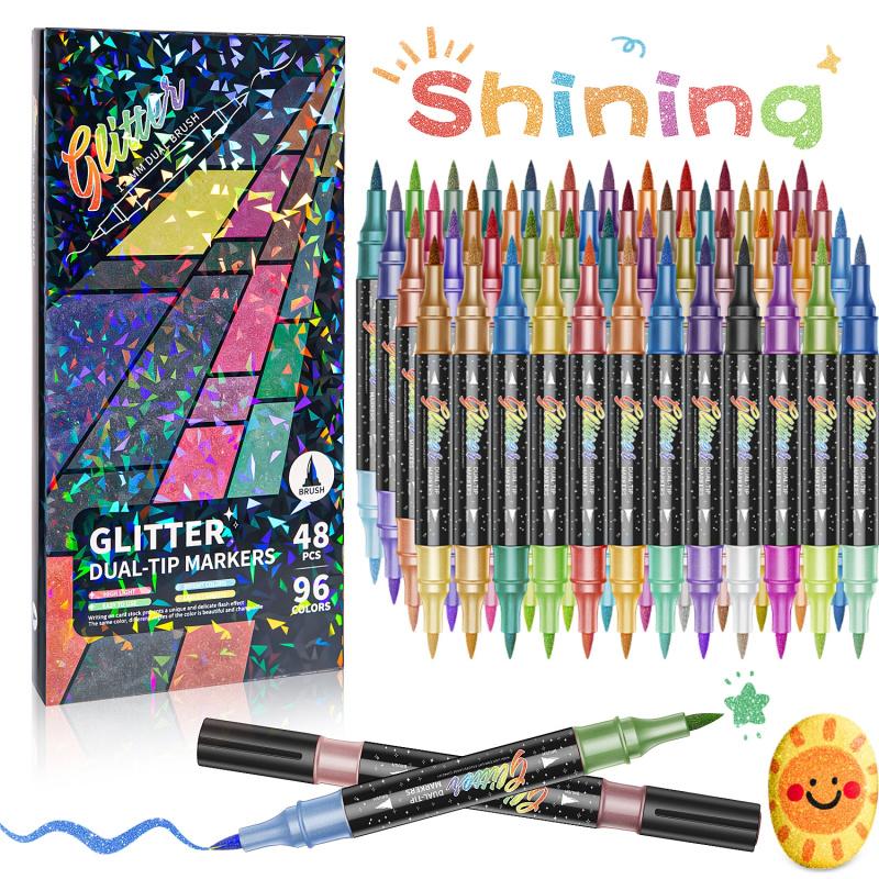 24/48/72/96 Colors Glitter Effect Brush Markers, Dual-Tip Dual-Color 1–5 mm Soft Brush Shimmer Markers for Doodle Writing and DIY Glitter Art, Greeting and Birthday Card Making, DIY Painting Supplies, Art Color Set