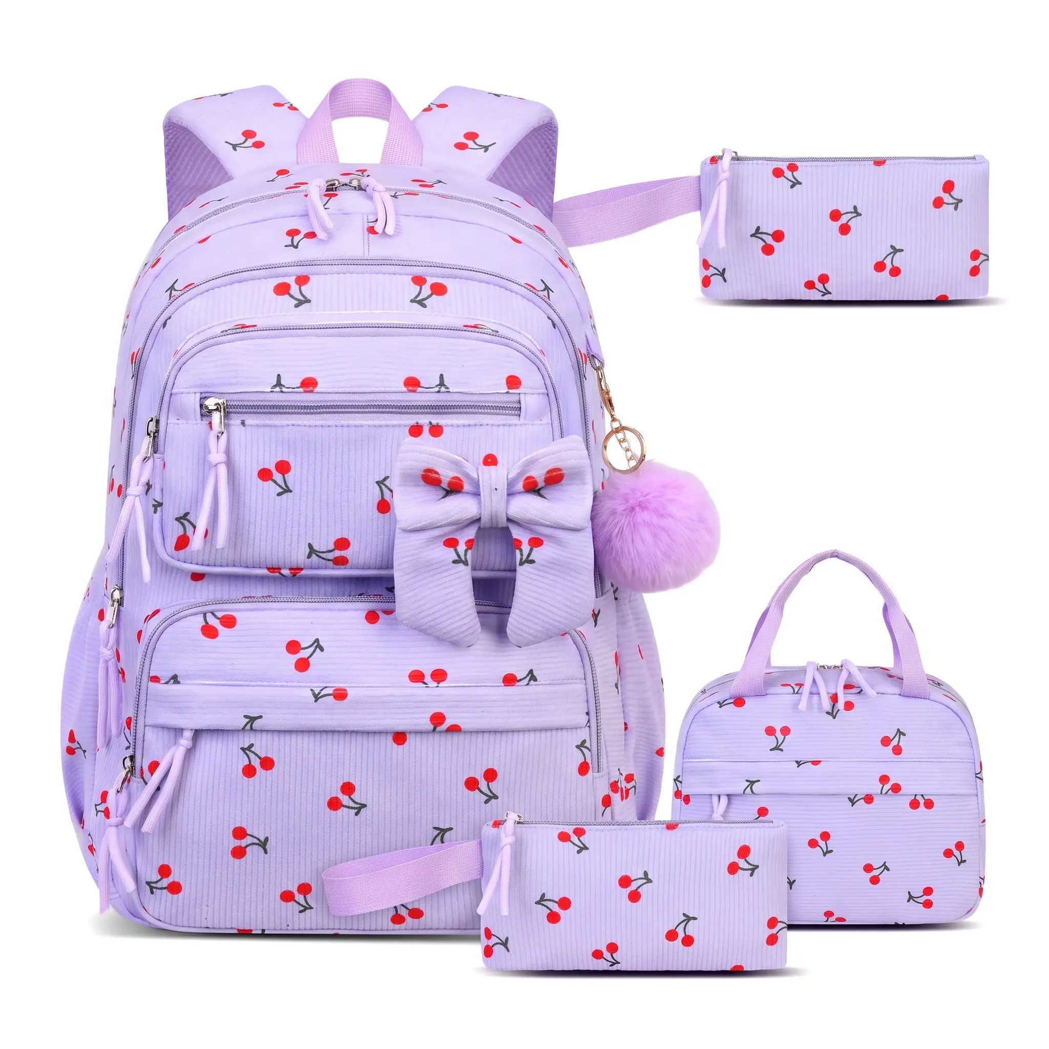 Lavender Cherry Print 3PC Corduroy Backpack Set for Teens & Women, Cute Coquette Aesthetic, Matching Lunch Tote & Pencil Case, Lightweight Comfort for Campus, Travel, Daily Use, Trending Style.