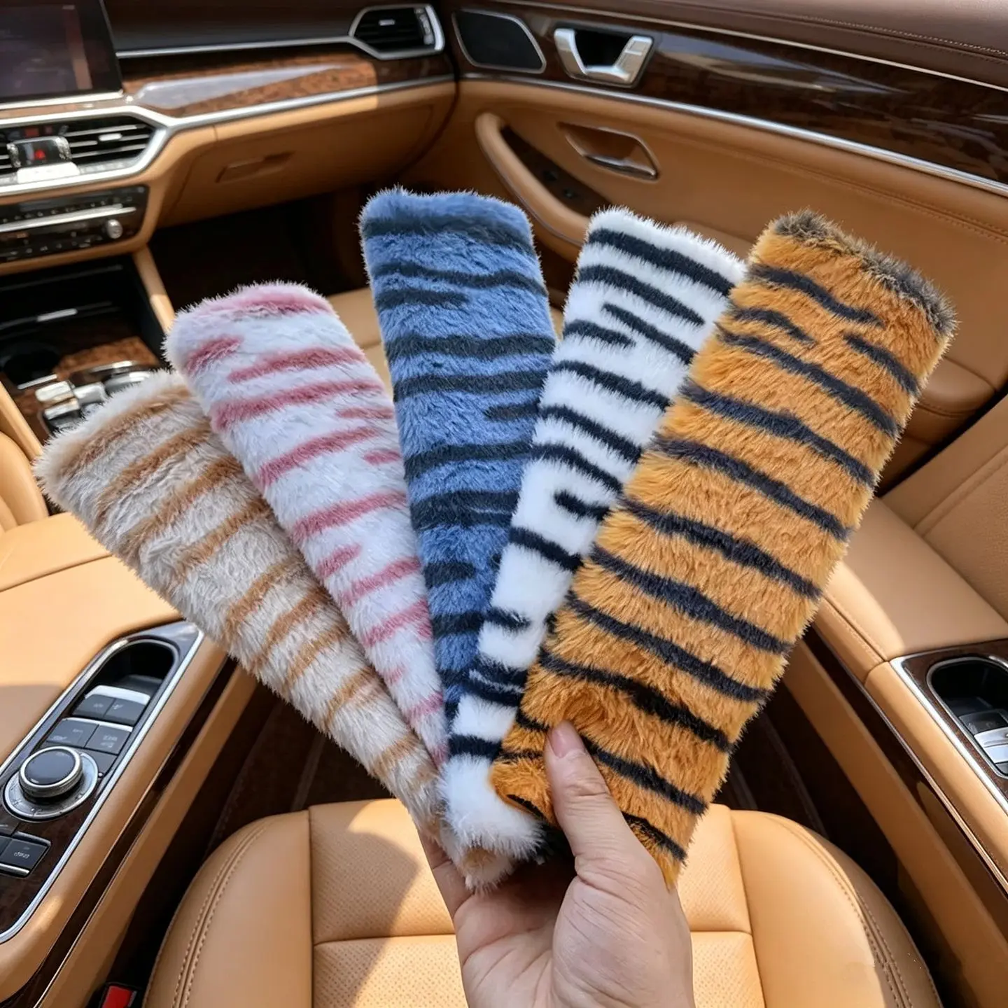 Women's Tiger Animal Print Fuzzy Synthetic Seat Belt Pad, Soft Plush Car Shoulder Protector, Cozy Strap Cushion, Cute Auto Interior Accessory Reduces Friction for Daily Driving, Gift Set, Soft Cushioning
