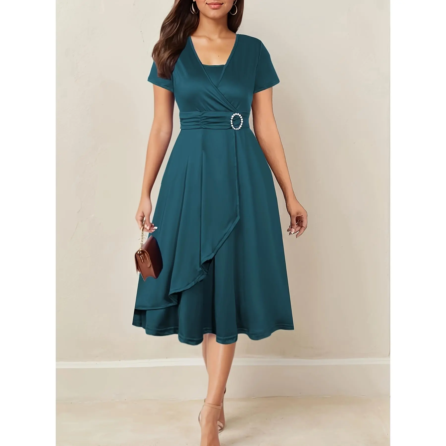 Women's Formal Evening Gown, Elegant V-Neck Shortsleeve Long Dress with Rhinestone Bodice and Tie Waist, Formal Dresses For Women, Long Length, Rhinestones, Formal Wear