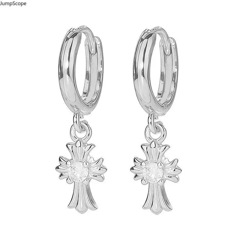 Unisex Gothic Punk Floral Cross Silver Huggie Earrings - MDF-Steel, Central CZ Detachable Drop Snap Hoops, Streetwear Couple Matching Gift for Indoor Recreation
