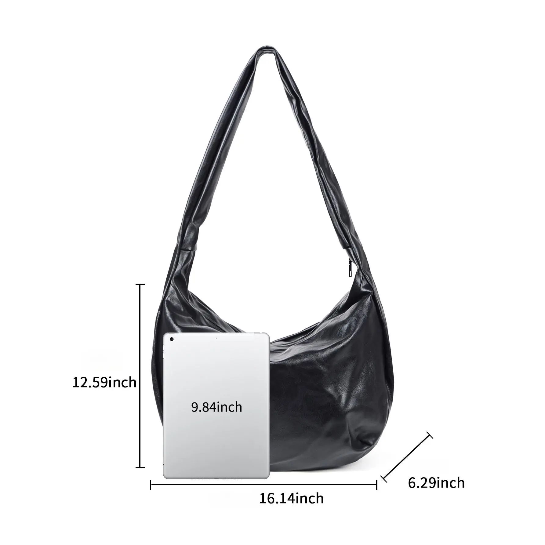 Unisex black fashion soft leather crescent tote bag with pleated texture, large capacity, casual and trendy style, shoulder and crossbody bag, vintage relaxed casual commuter dumpling bag 5863
