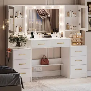 58.3”Vanity Desk with Mirror and Lights & Charging Station,Bedroom Dressing Table,Large Vanity Set,8 Drawers and 2 Cabinets,Makeup Vanity Table with Charging Station,Without Stool,White/Black/Pink22