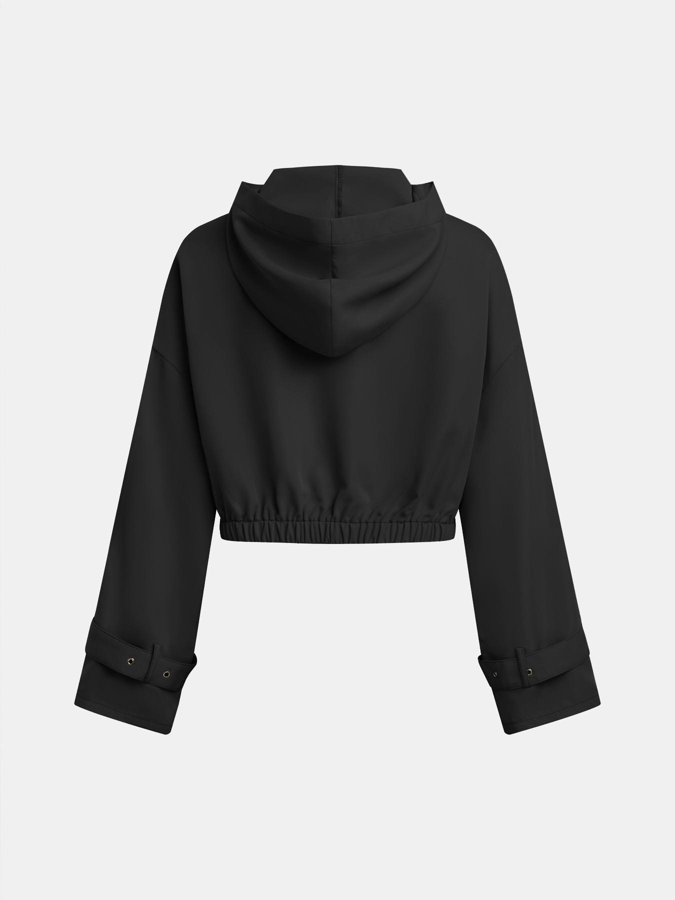 YOZY Women's Solid Button Pocket Zipper Hooded Trench Coat, Casual Drop Shoulder Long Sleeve Outerwear for Fall & Winter, Ladies Clothes for Daily Wear