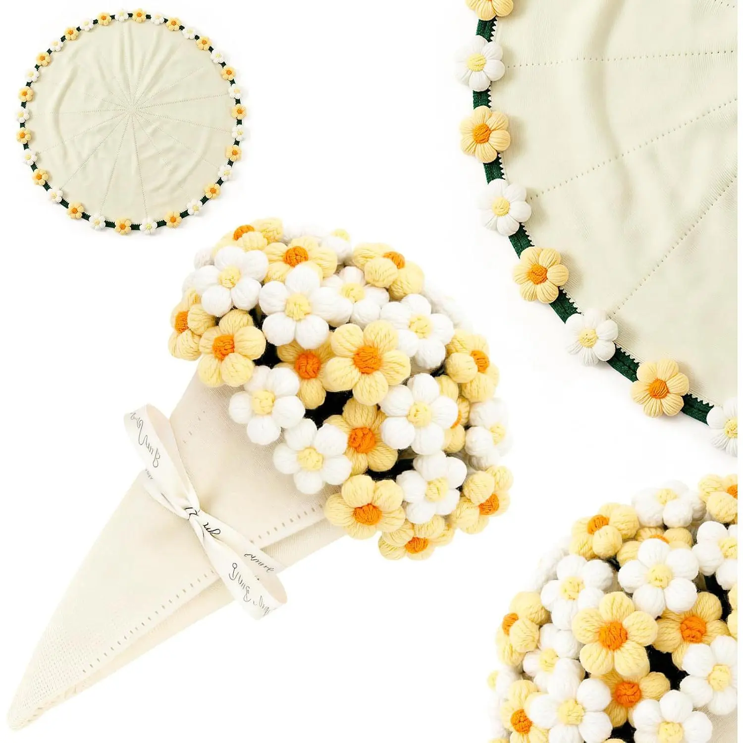 Finished Crochet Daisy Bouquet Motif Floral Throw Blanket - 0.2 In, Cozy Soft Modern Home Interior Couch Decor, Ideal Gift for Mom, Perfect for Birthday, Synthetic Fiber