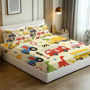 3Pcs Trendy Construction Dinosaur Print Fitted Sheet Set Bed Sheet Set Bedding Set No Fillers Stretch Non-Slip for Bedroom Dorm All Year Round