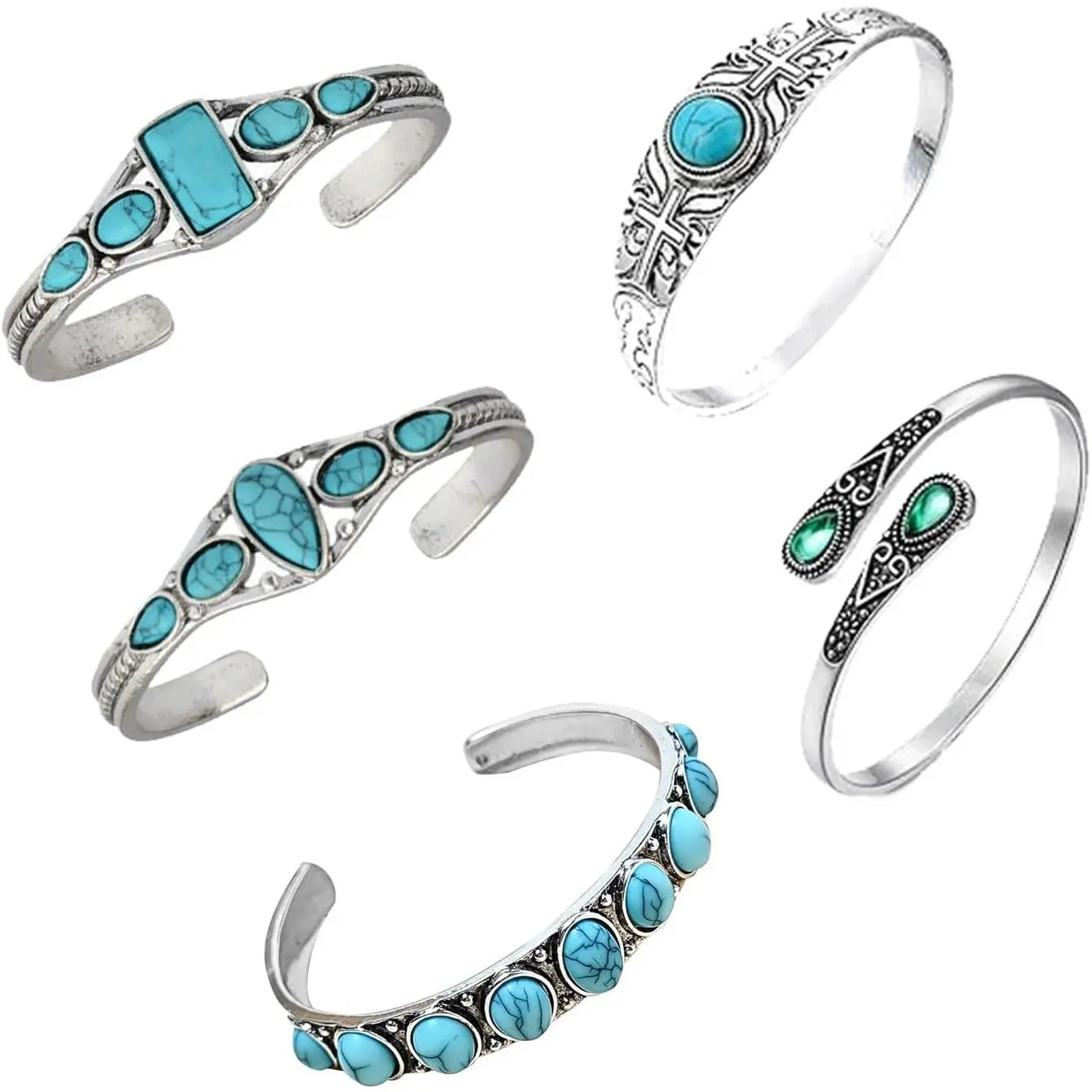 5Pcs Turquoise Bracelets Set Turquoise Cuff Bracelets for Women Adjustable Silver Bangle Bracelets Cowgirl Stackable Bracelets Boho Western Jewelry for Women