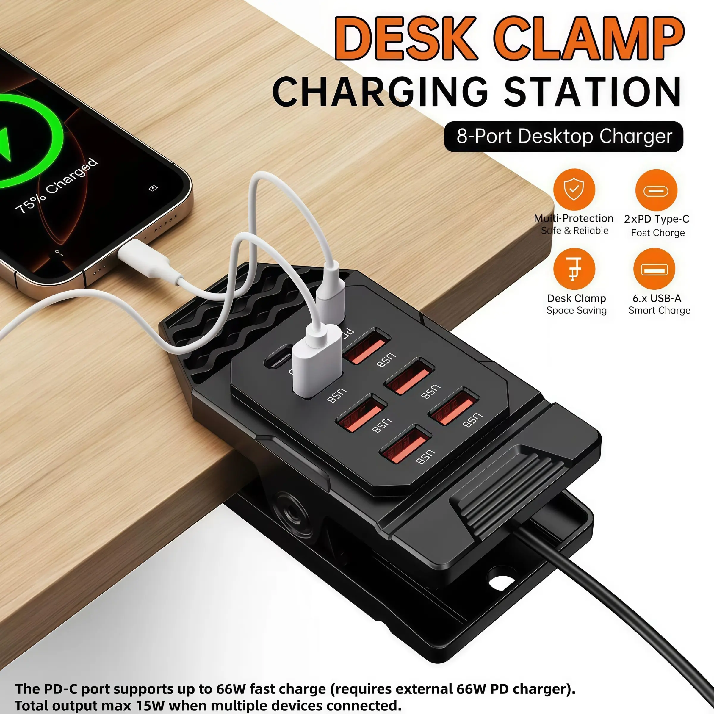 8-Port Desk Clamp USB Charging Hub, 6 USB-A + 2 PD Type-C Ports, Clamp-On Desktop USB Splitter, Simultaneous Charging for Multiple Devices, Suitable for Home and Office Scenes
