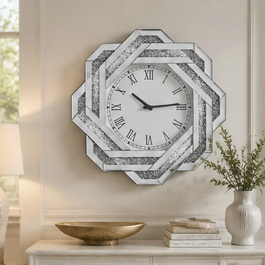 20-Inch Silver Star Hollow Mirrored Wall Clock - Roman Numerals, Crushed Diamond Beveled Glass Frame, Art Deco American Design, MDF-Glass Material, Acrylic Fill, 20.00" W X 20.00" D X 1.00" H, 8.90 lb, Art Deco Elegance for Living Room, Bedroom Home Decor
