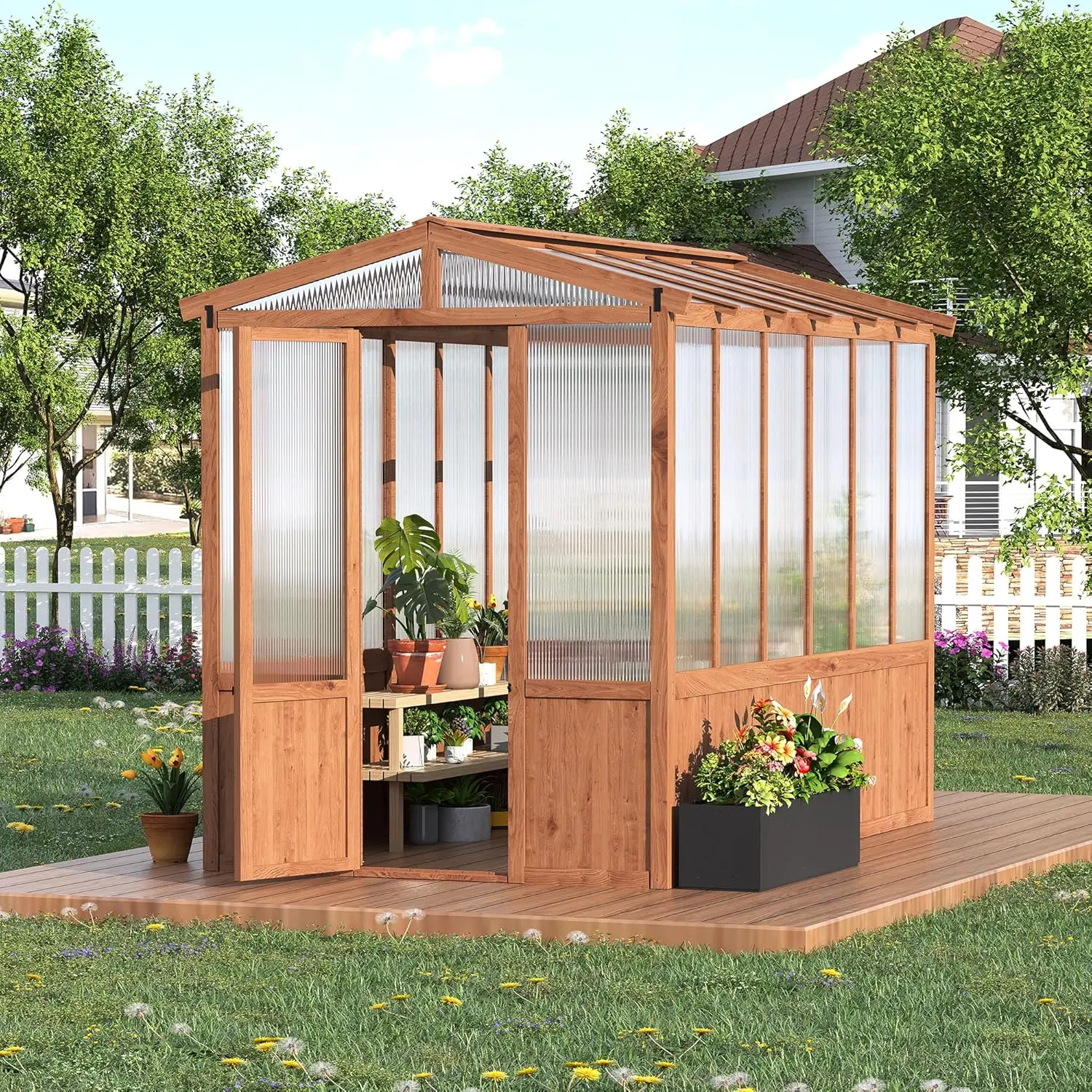 Cedar Frame Wooden Greenhouse - 6x10FT Outdoor Walk-In Garden House Kit - 6MM Thick Polycarbonate Panels for Backyard Gardening