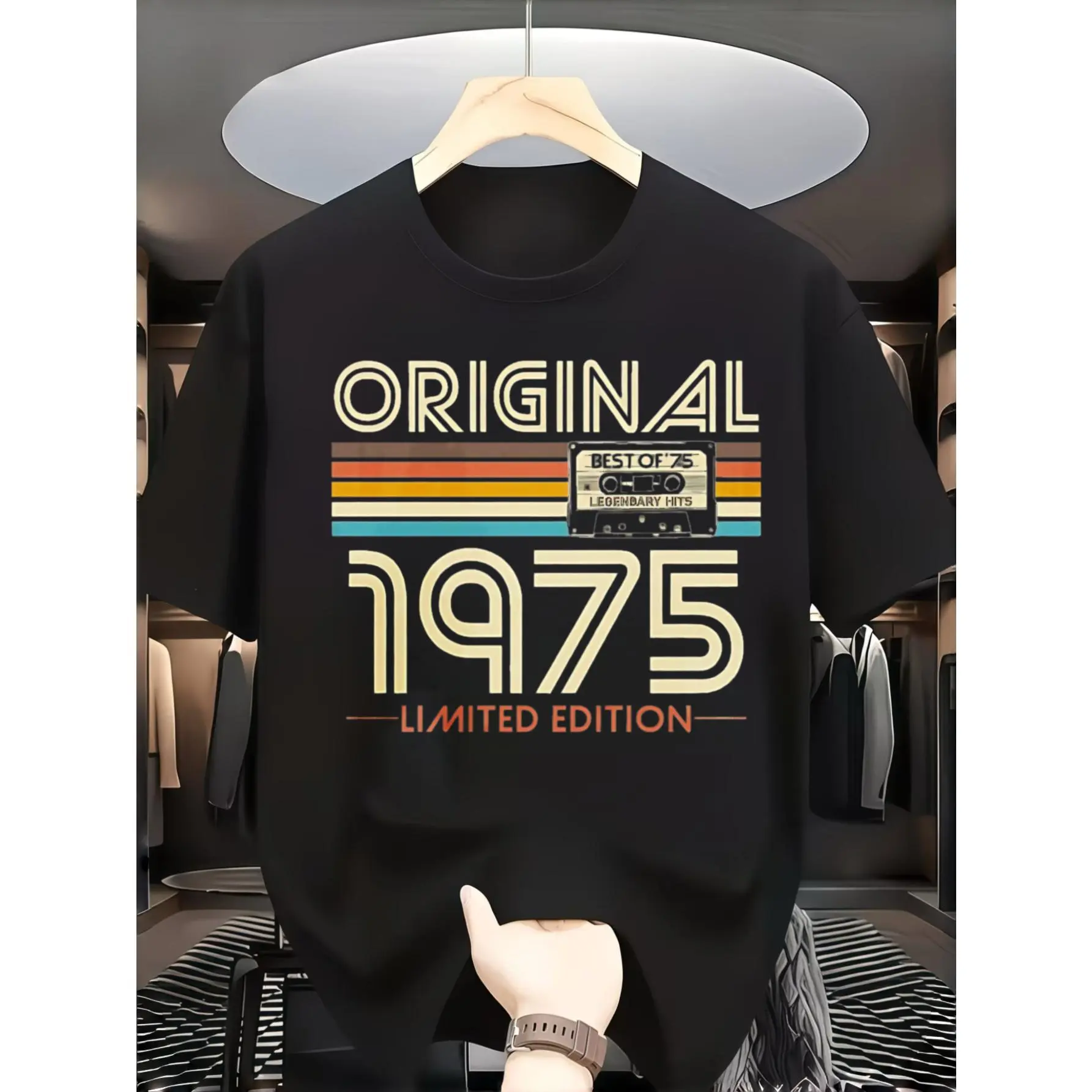 Men's Vintage Retro Streetwear Menswear Short-Sleeve Round Neck T-Shirt - 1975 Limited Edition Unisex Cassette Tape Print, Breathable Simple Casual Summer Wear, Party Gift for 1975-Born Dads, Shortsleeve