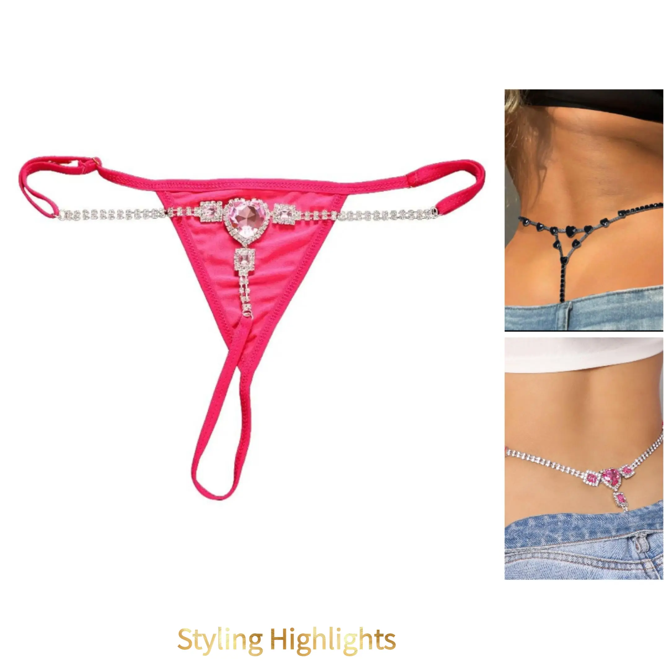 Women's 3-Piece Body Jewelry Set - Sparkling Fake Piercing Body Chains, Diamond Waist Beads, Heart Panties, Sexy Bikini Accessories, Sparkling Body Chains