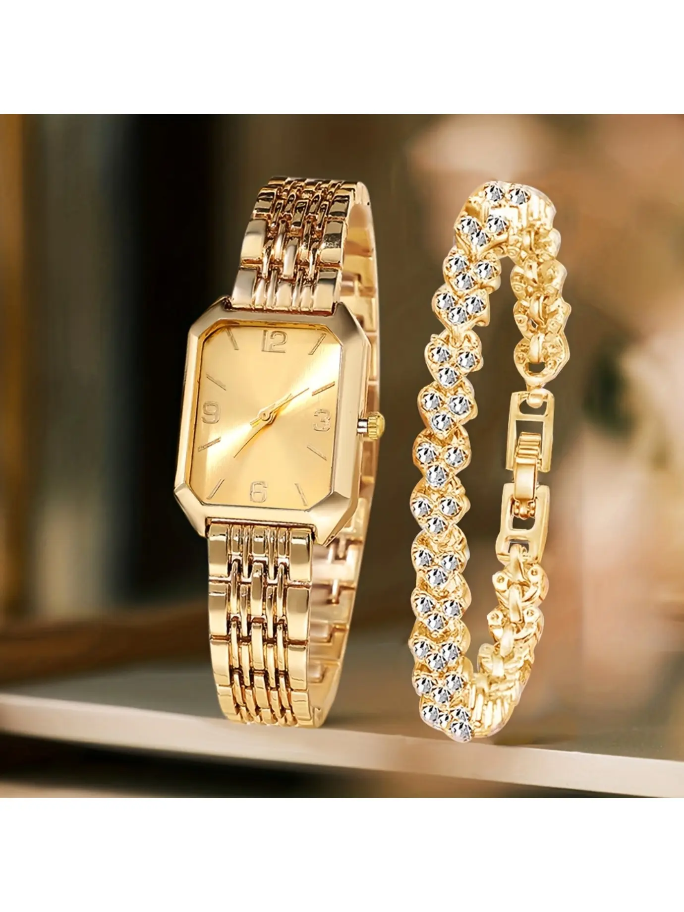 Elegant Women'S Quartz Analog Watch Gift Set, Fashionable Romantic Heart Chain with Court Style Wristwatch Set, Classic Retro Rectangular Dial, Comfortable Alloy Strap