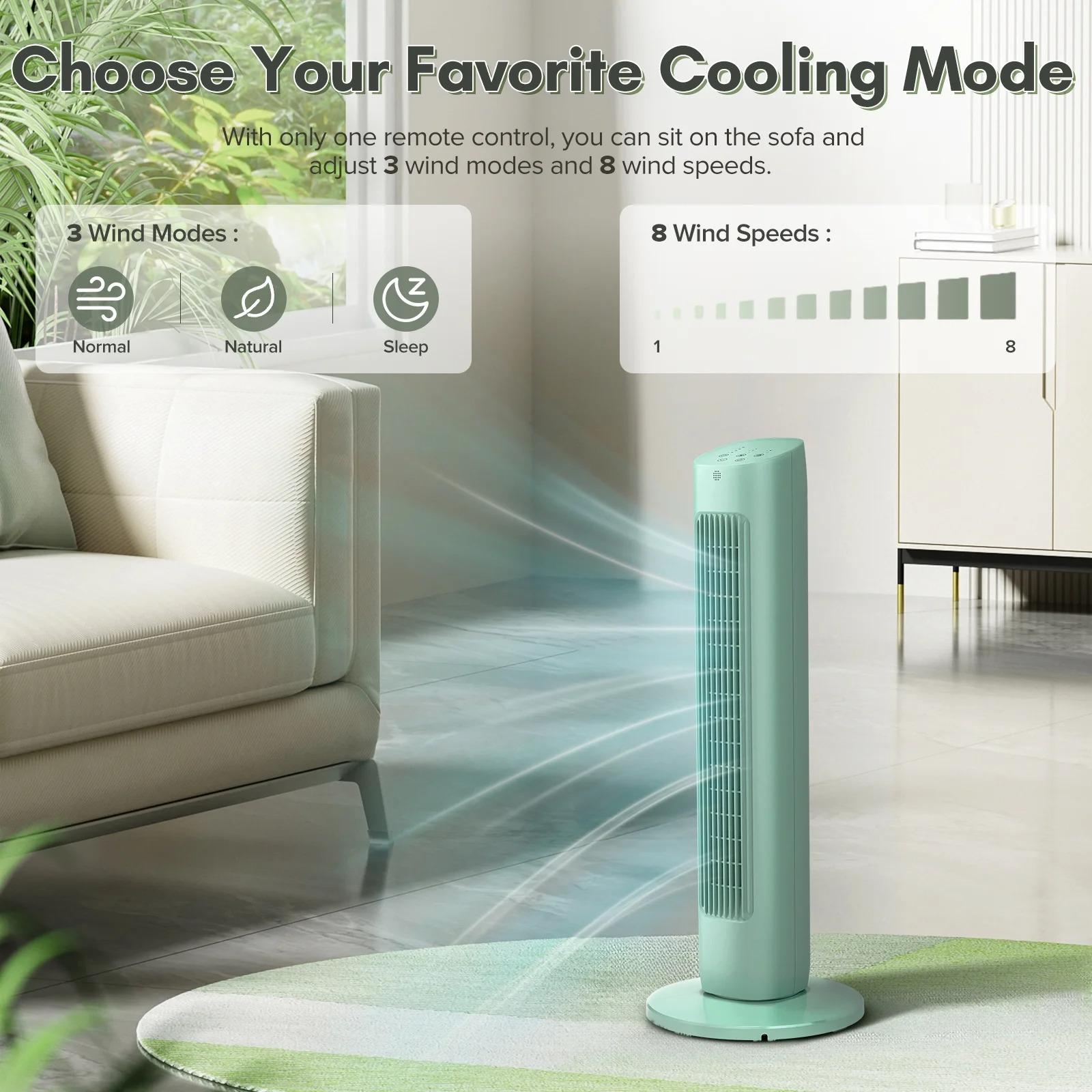 COWSAR Tower Fan for Bedroom, 85° Oscillating Fans with 8 Speeds, 30" Portable Bladeless Standing Fan, 15H Timer, Normal/Natural/Sleep 3 Fan Modes, Freestanding Tower Fans, Green