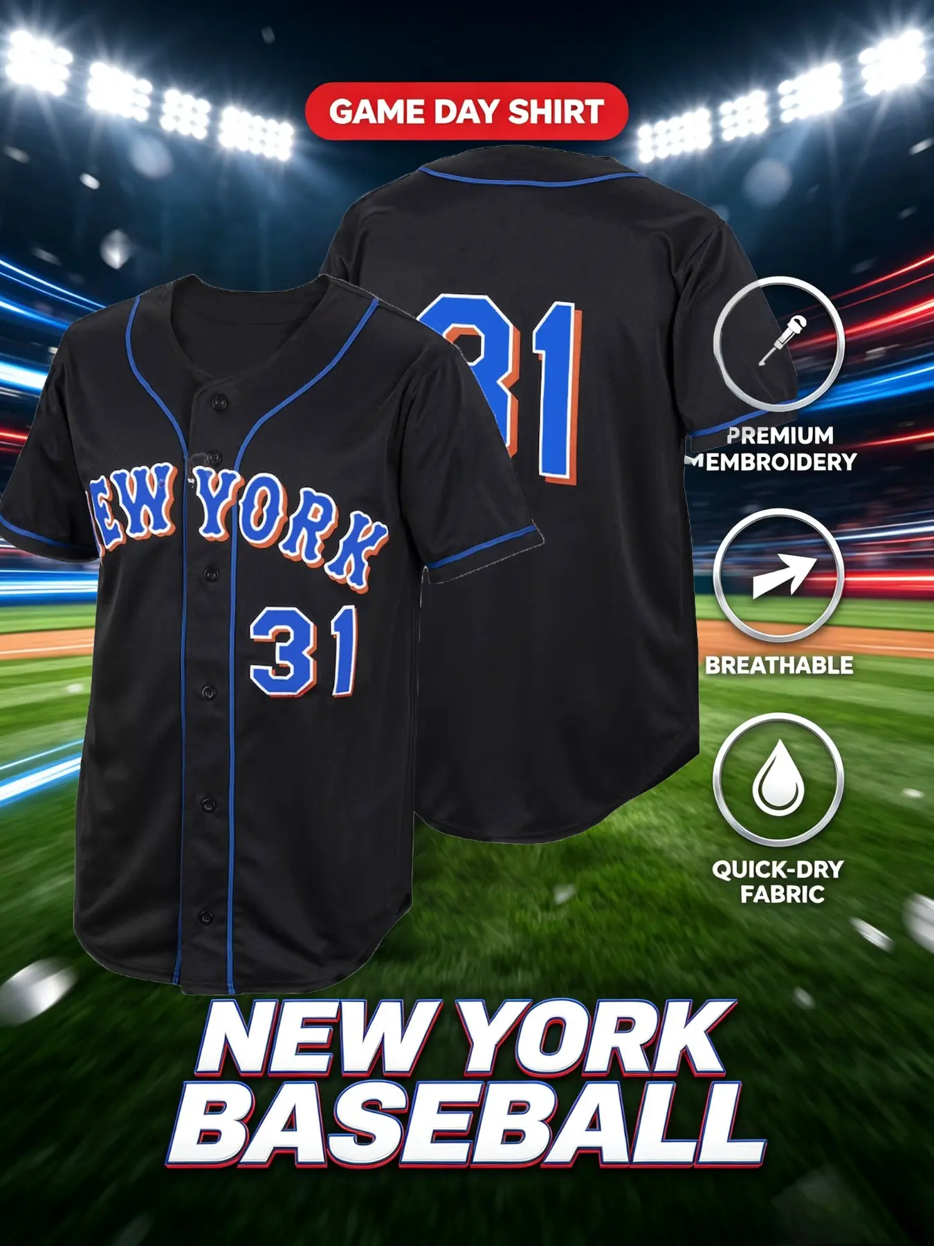 Men's Metropolitan # 31 # 12 baseball jerseys, New York Embroidered casual daily short sleeved sportswear , 100% polyester breathable fabric, suitable for casual and training activities