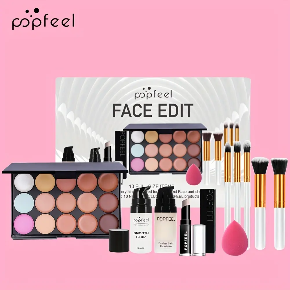 Complete Face Makeup Gift Set Popfeel Face Edit Kit, Facial Makeup Set, Full Size Concealer Palette, Smooth Blur Primer, Setting Powder, Lip Gloss & Makeup Tools, Ideal Valentine Present for Makeup Lovers