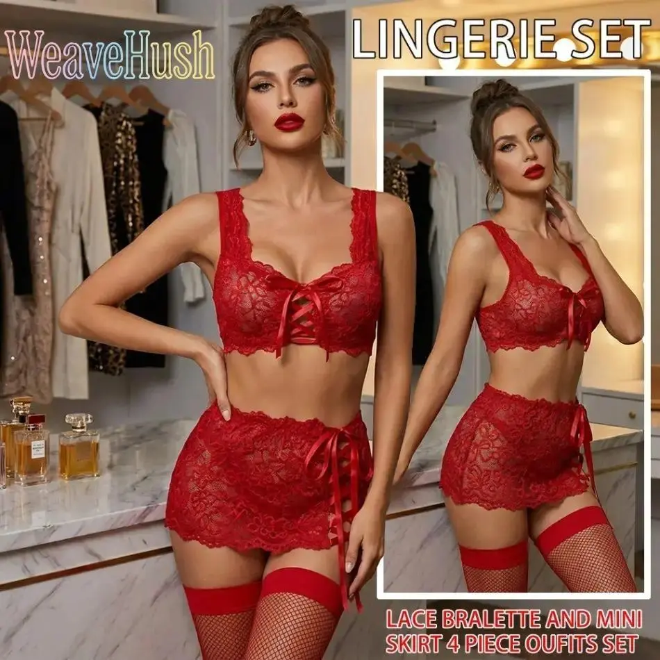 Women's Basic 3-Piece Sheer Lace Floral Lingerie Set - Strappy Bra, High-Waisted Skirt, Briefs, Stockings, Lingerie Women, Girly Feminine Items, Lace Panties Set, Lingerie Underwear Set