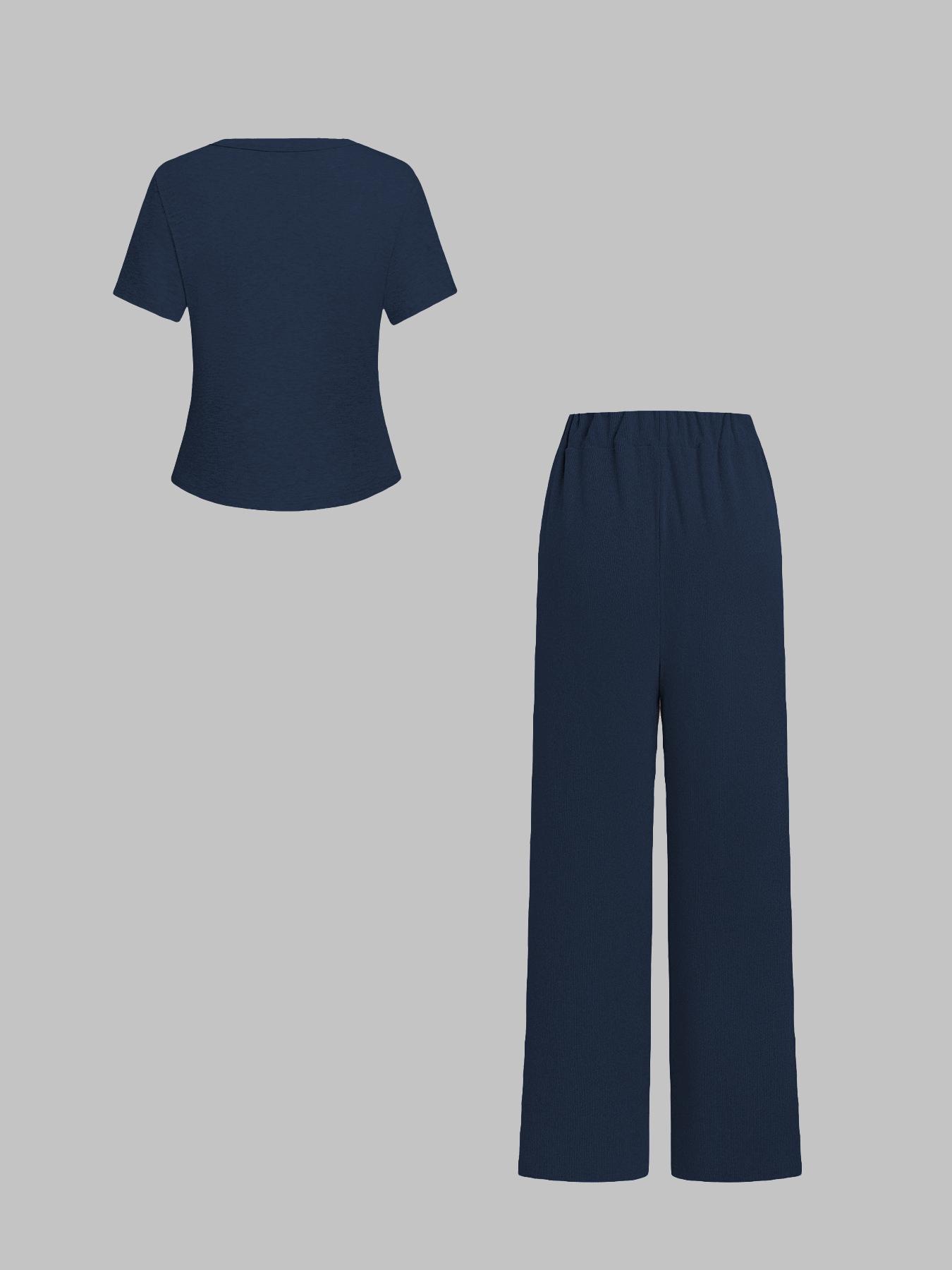 Two-piece Set Women's Solid Color Top & Wide Leg Pants, Casual Basic Comfy Round Neck Top & Trousers for Daily Wear, Ladies Two-piece Outfits for All Seasons, Clothes,Airport Outfit