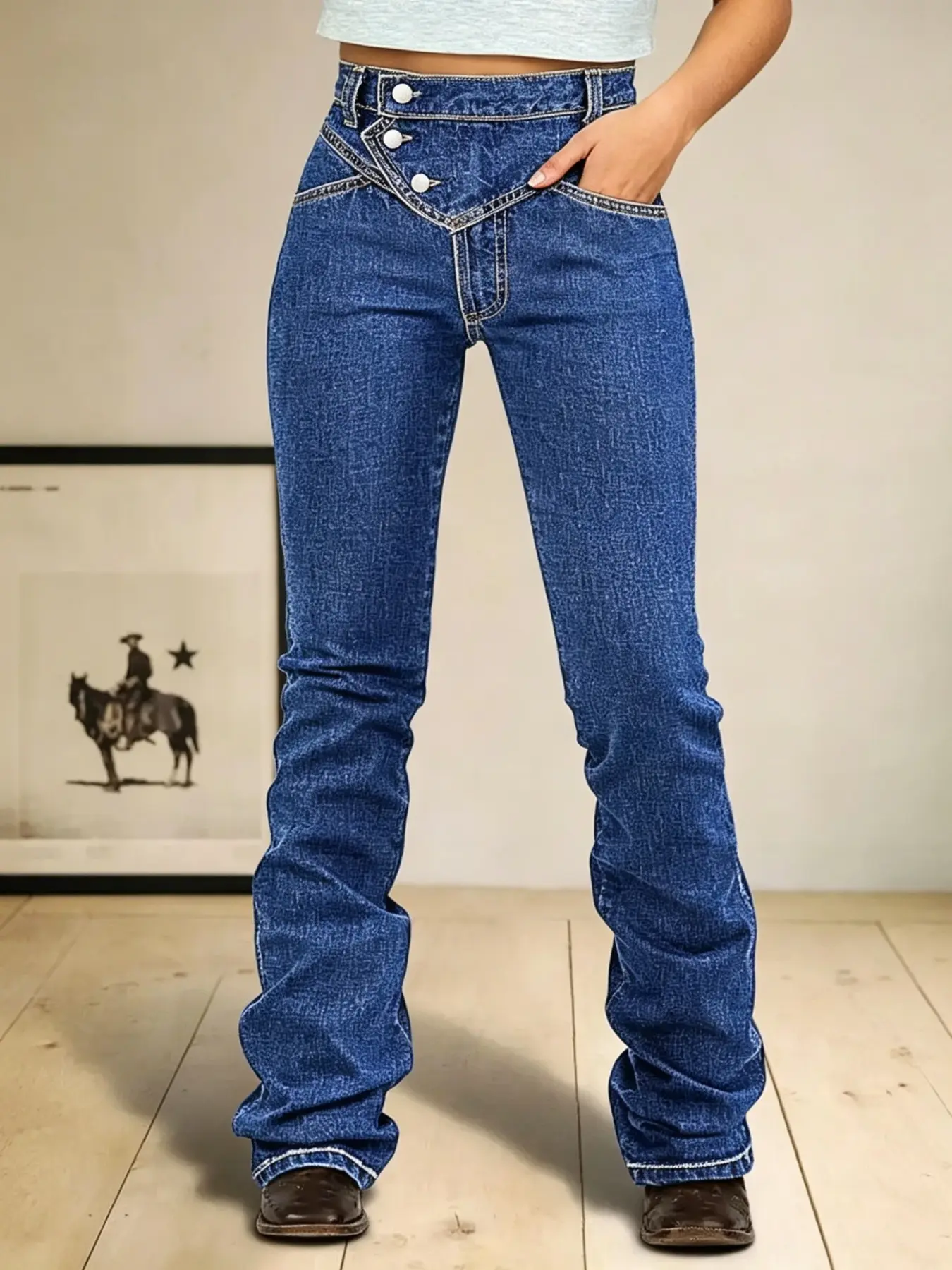 2026 New High Waist Diagonal Buckle Micro Pull Jeans Retro Western Style Deep Blue Washed Craftsmanship Slimming and Slimming Straight Tube Floor Dragging Edition Denim Pants Spicy Girl Casual Style Concealing Meat