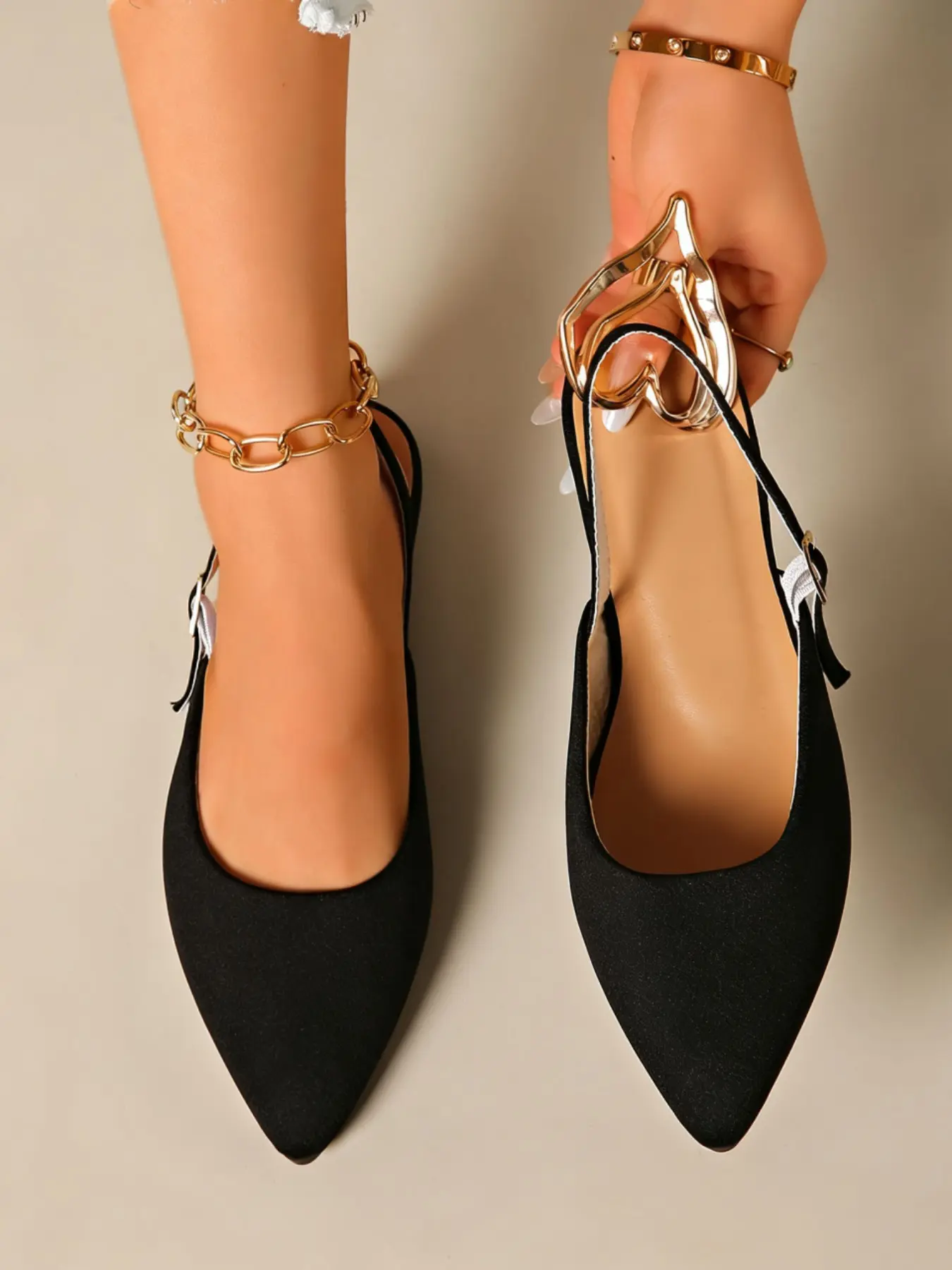 2026 Textured Fabric Pointed Toe Flat Shoes, Adjustable Back Strap Mules, Fashionable Office & Casual Wear, Versatile Plain Design