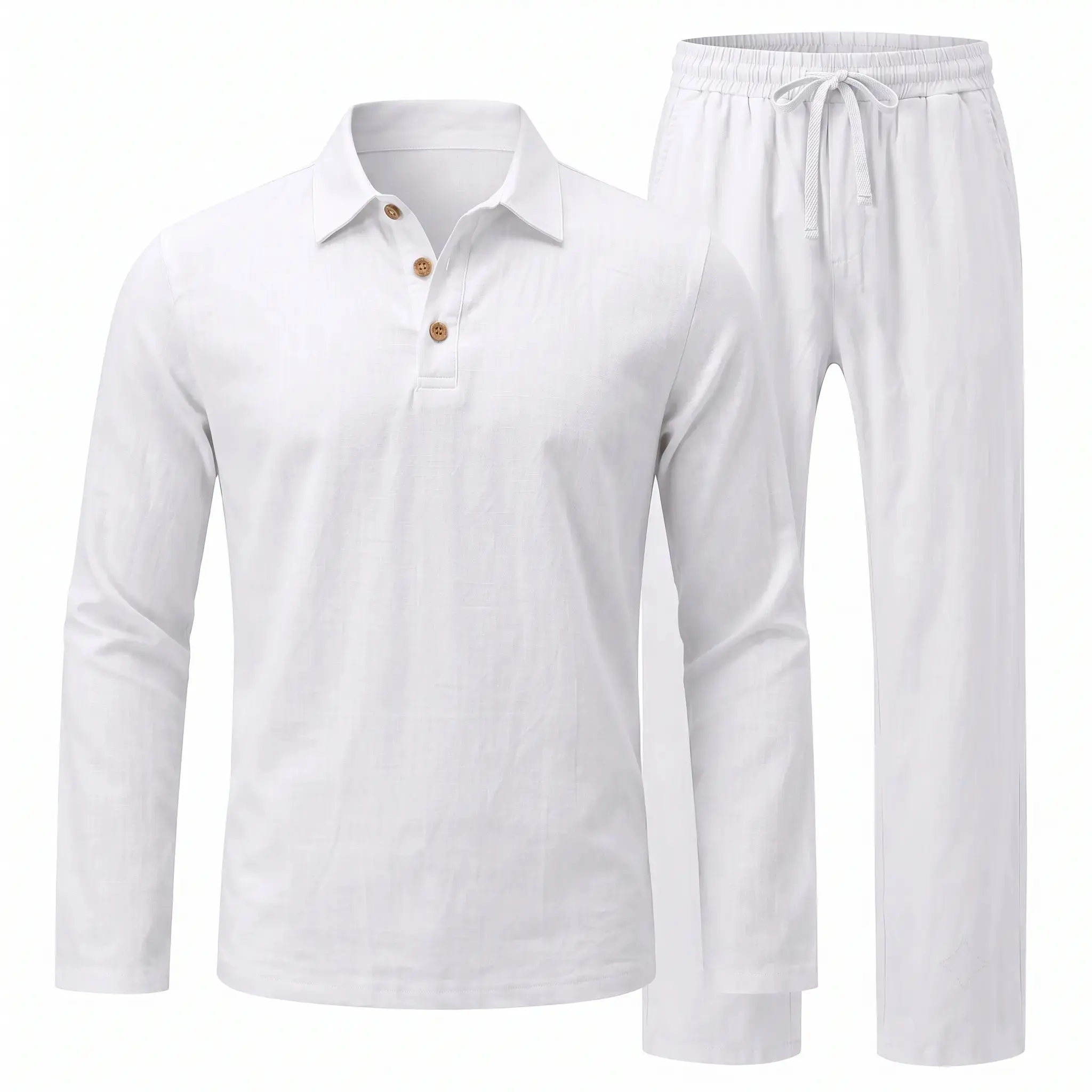 Men's Linen Blend Polo Set, Long Sleeve Shirt and Drawstring Pants Outfit, Lightweight Fall Outfit, Casual Two Piece Set for Autumn Vacation and Daily Wear