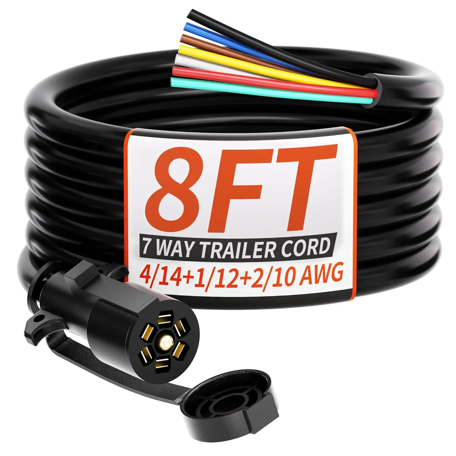 8FT 7 Way Trailer Plug Heavy Duty 8 FT 4/14+1/12+2/10 AWG 7 Pin Trailer Wiring Harness Cord for Trailers, Campers, Food Trucks, Dining Trucks, Caravans, RVs and Other Towing Vehicles