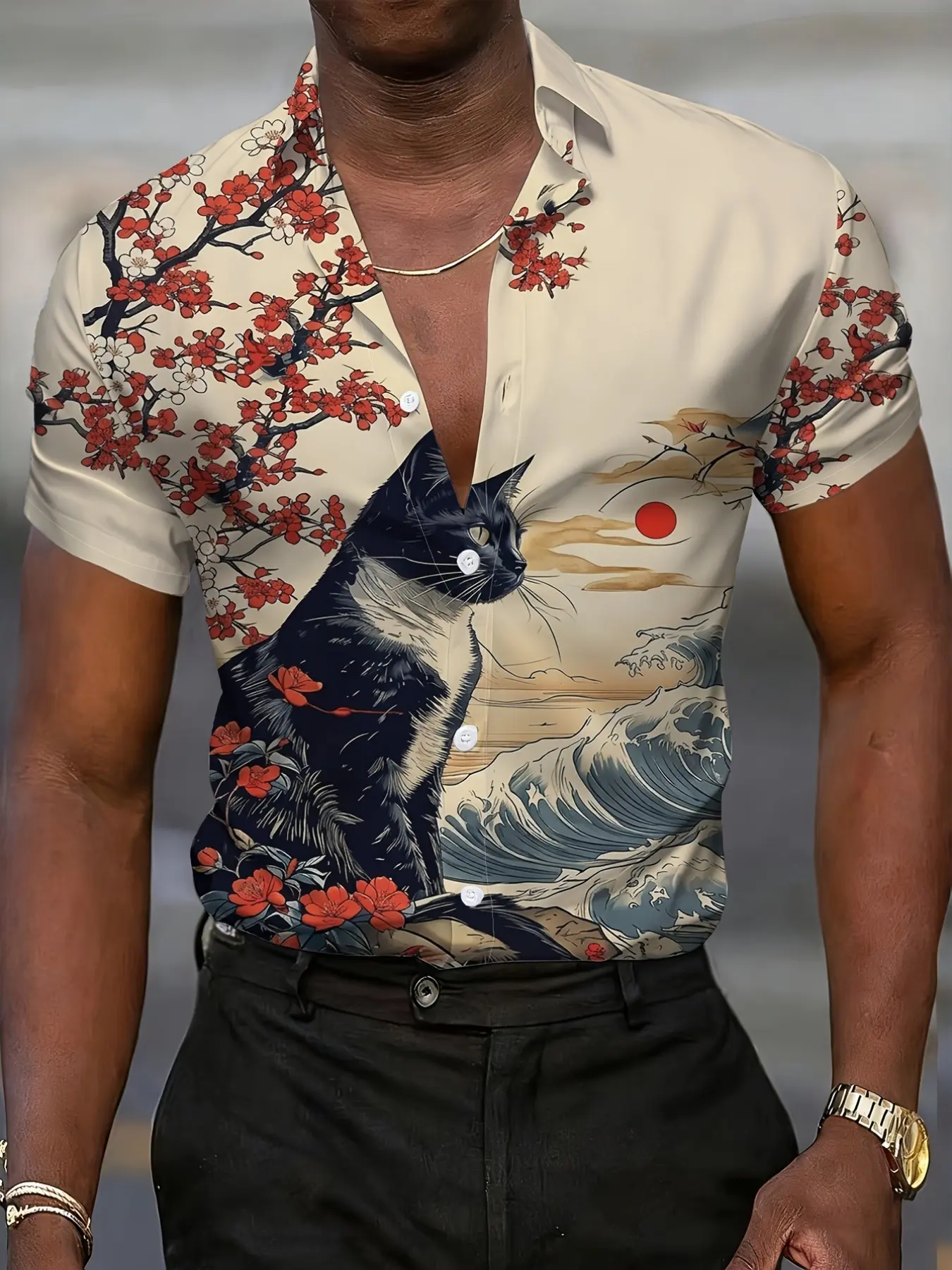 Men's Japanese Ukiyo-E Cherry Blossom Floral Cat Print All Over Print All Season Shirt, Cultural, Traditional Style, Casual Short Sleeve Top, Summer Fashion