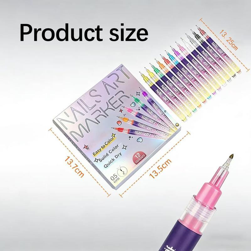 12-Color Nail Art Pen Set - Quick-Drying Acrylic Markers with 0.5mm Ultra-Fine Tip for Precision Line Work & Detailed Nail Art - Highly Pigmented DIY Manicure Kit for Creating 3D Doodles, Flowers & Abstract Designs
