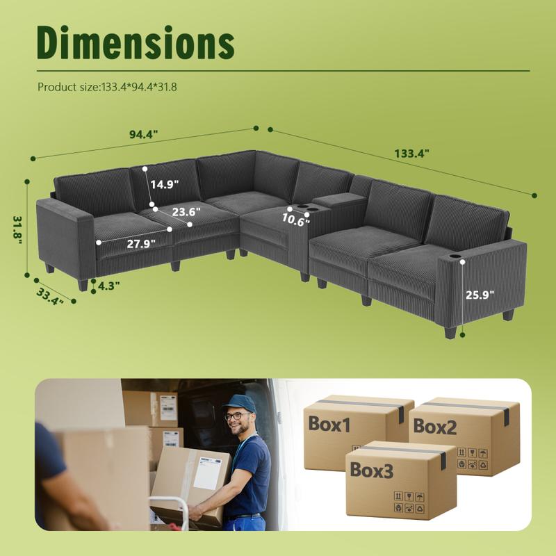 L-shaped 6-seater 133.4'' * 94.4'' Corduroy Sofa, Large Storage Armrests with Center Console, USB Charging, Left and Right Seats Can Be Switched Couch