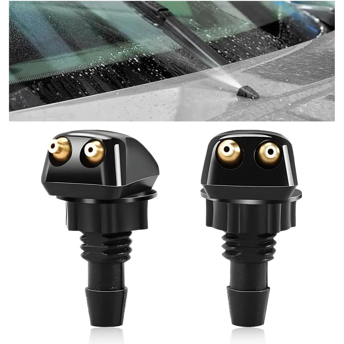 2 count Front Windshield Washer Nozzles, Double-Hole Windscreen Washer Sprayer Straight Column Jet,  Front Windshield Wiper Nozzle  Kit for