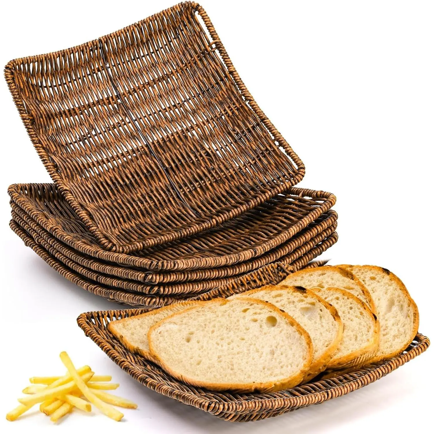 6 Pack Imitation Wicker Bread Baskets, 9 x 9 Inch Square Bread Baskets for Serving Fast Food Baskets Fruit Baskets Gift Baskets for Breakfast, Snacks Home, Restaurant, Bakery Tabletop, Brown