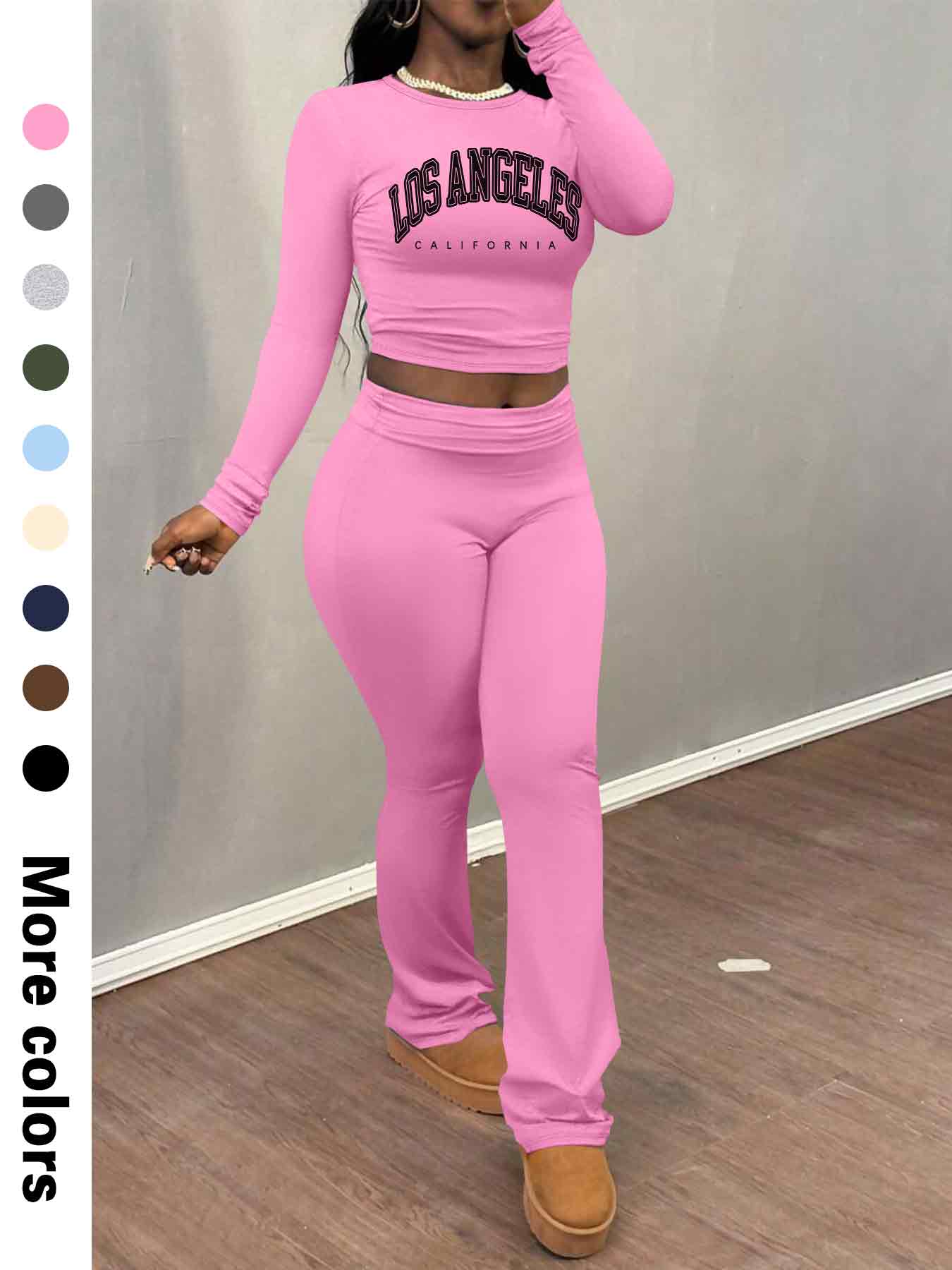 Women's Letter Print Long Sleeve Crop Tee & Plain Flare Leg Pants Two-Piece Set, Casual Fashion Cozy Round Neck Top & Bell Bottom Trousers for Daily Outdoor Wear, Women's Clothing for Fall & Winter