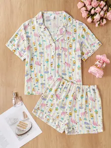 Full-Print Bubble Texture Short-Sleeve Two-Piece Pajama Set, Lightweight Fitted Home Sleepwear, Ideal for Daily Relaxation and Summer Night Wear