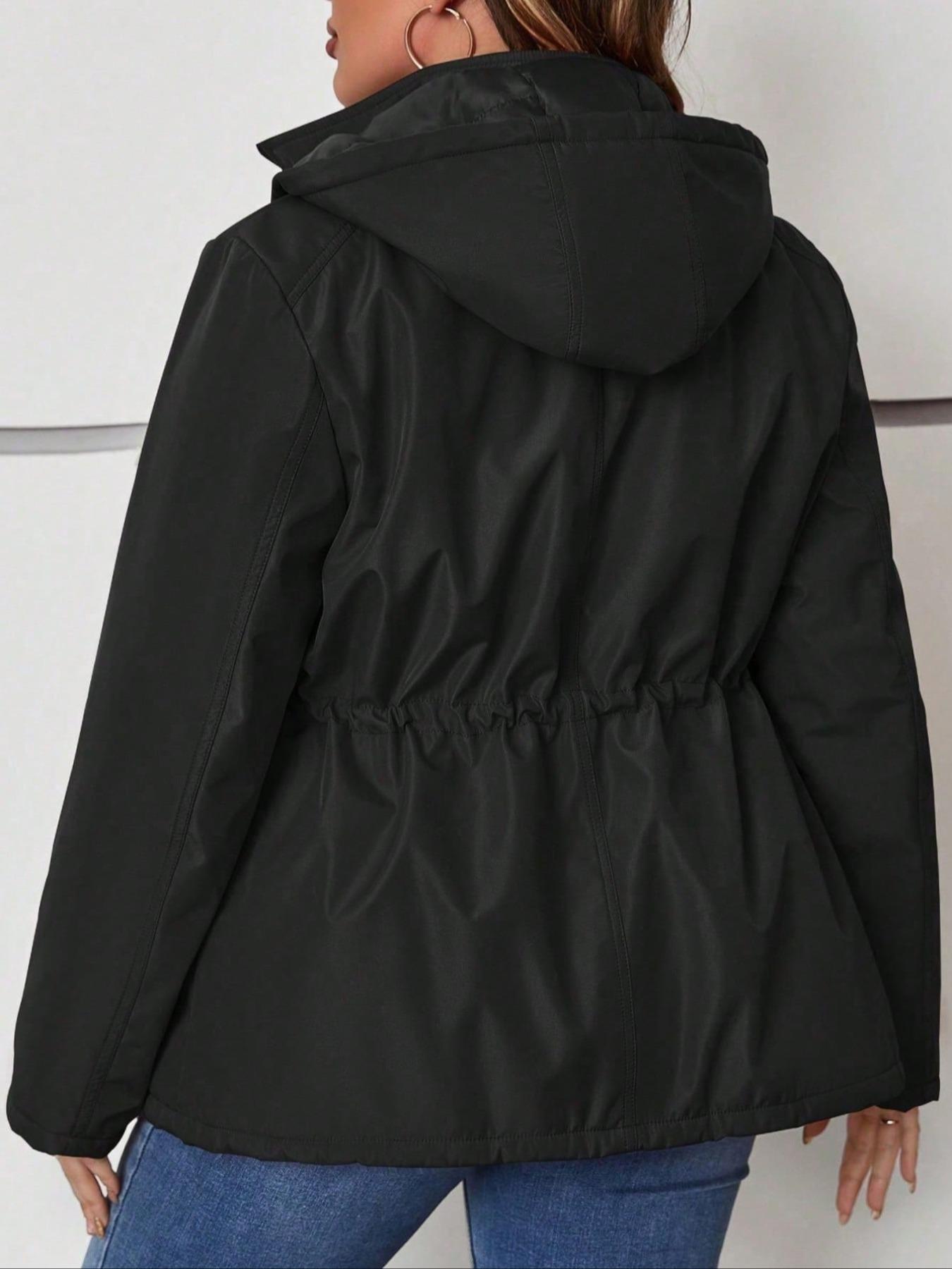 Women's Plus Size Cotton Jacket, Hooded Spring Fall Coat, Waist Drawstring Pocket Casual Outerwear, Warm Winter Thin Cotton Vest